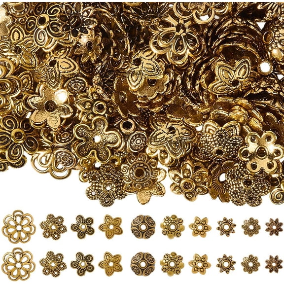 1 Box 300Pcs 10 Styles Flower Bead Caps Gold Spacer Beads Caps Bulk Alloy Metal Large Assorted Shapes Tibetan Spacers for Jewelry Making Findings DIY Crafts Bracelets Earring Supplies for DIY