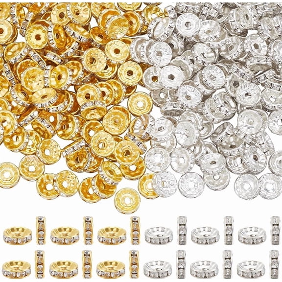 1 Box 300Pcs 10mm Rhinestone Rondelle Beads Silver Crystal Spacer Bead Bulk Gold Brass Crystal Diamond Round Metal Loose Bead DIY Craft Women