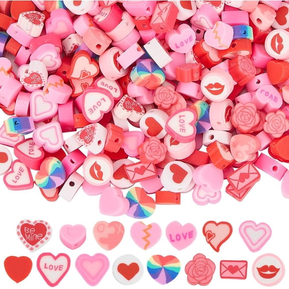 1 Box 300Pcs 15 Styles Valentine Clay Beads Heart Shape Beads Bulk Wholesale Love Printed Pink Red Rose Rainbow Romantic Loose Spacer Sweet Valentine Bead for Bracelet Making Women Gifts colorful
