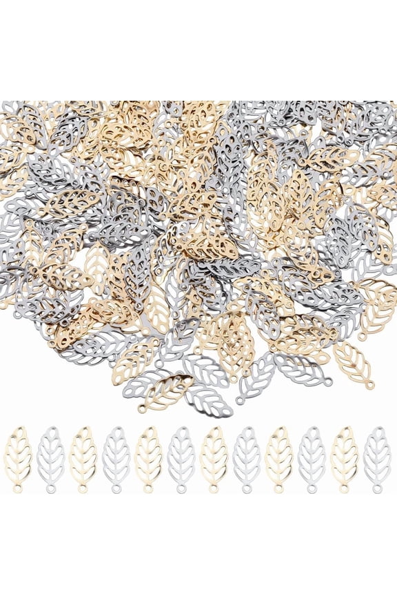 1 Box 300Pcs 2 Colors Stainless Steel Leaf Charm Small Tree Leaf Charms Bulk Silver Hollow Metal Leaves Mini Fall Charm for Jewelry Making Charms Supplies DIY Necklace Bracelet