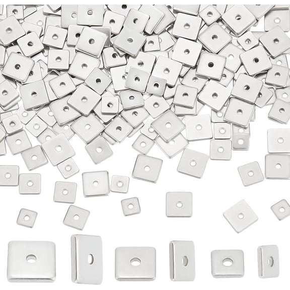 1 Box 300Pcs 3 Styles 304 Stainless Steel Flat Square Spacer Beads Metal Stopper Loose Bead Small Flat Seamed Beads for DIY Bracelet Necklace Jewelry Making 4/5/6mm