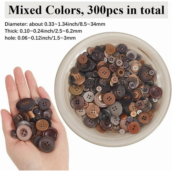 1 Box 300Pcs Brown Assorted Buttons Brown Sewing Buttons Bulk Flatback Shape 4 and 2 Hole Autumn Multicolor Resin Round Button for Crafts Clothes Sweater DIY Art Projects Beginner Decor