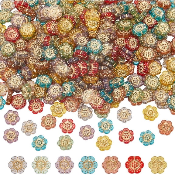 1 Box 300Pcs Czech Flower Bead Acrylic Beads Mix Vintage Colorful Assorted Metal Enlaced Gold Plating Cherry Blossom Floral Spacer Bead for Jewelry Making Necklace Earring DIY Craft Mixed Color