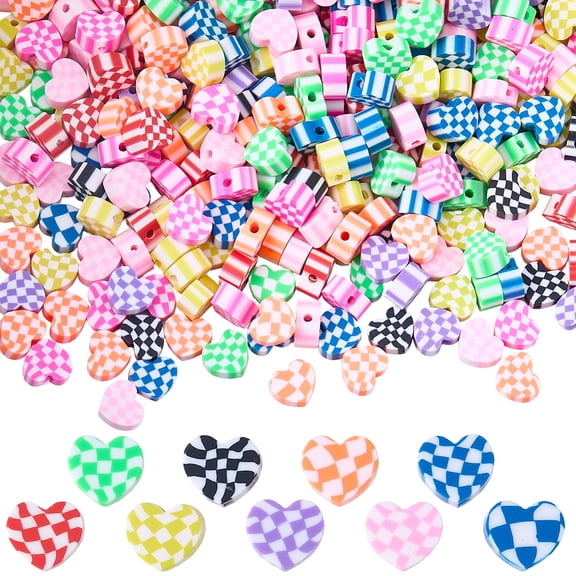 1 Box 300Pcs Heart Polymer Clay Beads Checker Heart Beads Bulk Colorful Random Colors Plaid Love Small Tartan Cute Loose Spacers DIY