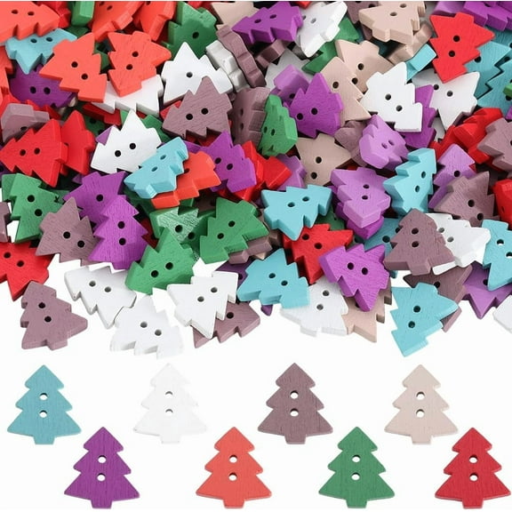 1 Box 300Pcs Random Color Christmas Wooden Buttons Christmas Tree Buttons with 2 Holes Holiday Wood Buttons DIY for Sewing Crafting Button Supplies DIY Christmas Decorations Handmade Projects