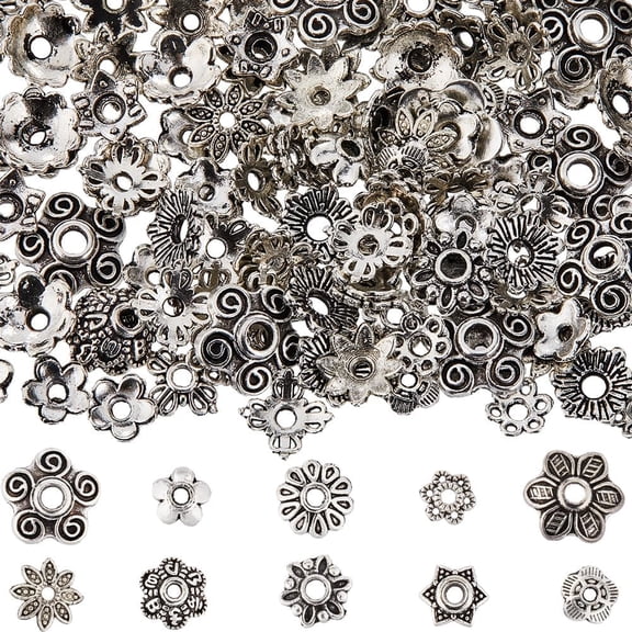 1 Box 300cs 10 Styles Flower Bead Caps 8mm Flat Spacer Beads Bulk Tibetan Silver Hollow Flowers Metal Vintage Floral Bead End Caps for DIY Bracelet Necklace Earring Jewelry Making Supplies DIY
