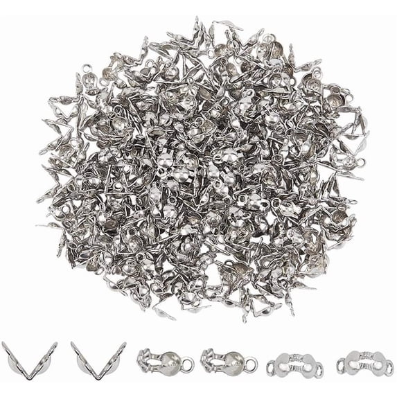 1 Box 300pcs 304 Stainless Steel Calotte Ends Bead Tips Open Clamshell Knot Covers Fold-Over Bead Tips 1mm Small Hole End Caps for Knots & Crimp Findings Crafts 5x3x2mm