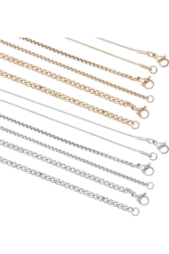1 Box 304 Stainless Steel Box Chain & Snake Chain & Curb Chain Necklaces Sets with Lobster Claw Clasps Golden & Stainless Steel Color 6pcs/box