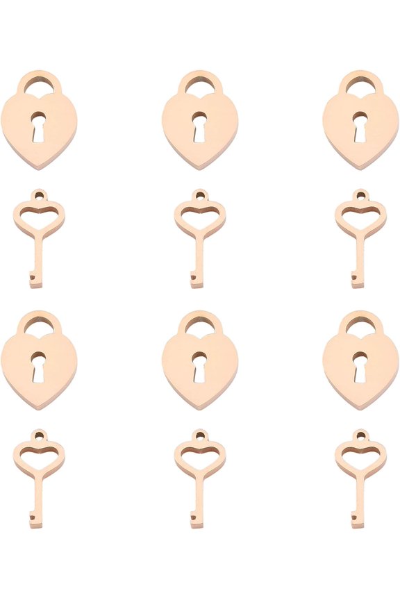 1 Box 304 Stainless Steel Charms Laser Cut Key and Lock Rose Gold 12~13x6.5~9mm Hole: 1mm 12pcs/box