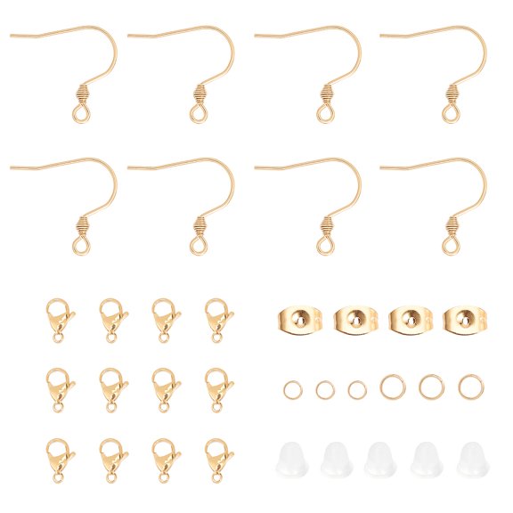 1 Box 304 Stainless Steel Earring Hook Findings with Lobster Claw Clasp Ear Nut Jump Ring and Plastic Ear Nuts Golden 180pcs/box