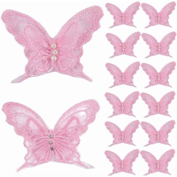 1 Box 30PCS Light Pink Butterfly Lace Applique Butterflies Repair Patches Sew Embroidery Organza Pearl Beaded Polyester Appliques DIY