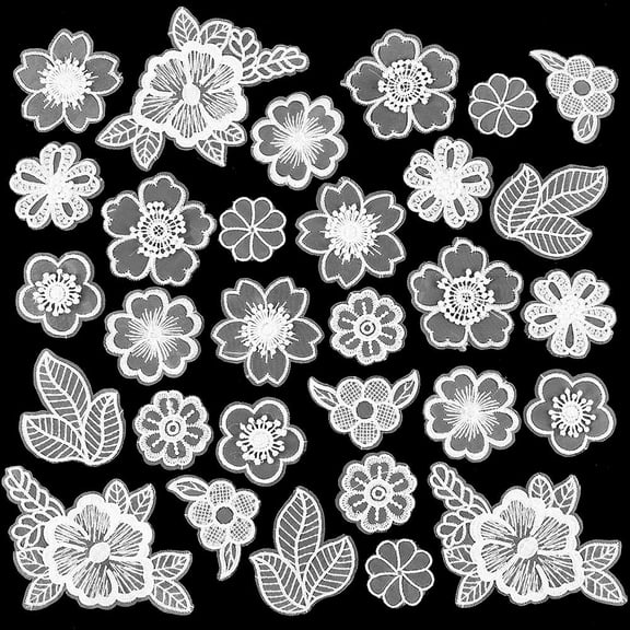 1 Box 30Pcs 10 Styles Flower Lace Applique Embroidery Floral Leaf Sew on Patches Embellishments Fabric Repair Patch for Wedding Bridal Dress Clothes Hat Hair Ornaments Sewing Crafts White