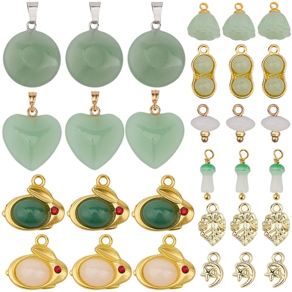 1 Box 30Pcs 10 Styles Imitation Jade Charms Assorted Charms Bulk Green White Glass Gold Alloy Heart Mushroom Peanut Flat Round Shaped Pendants