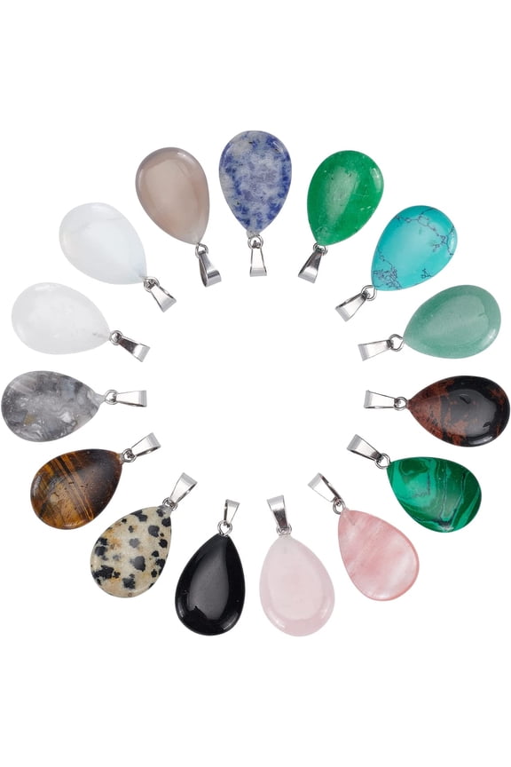 1 Box 30Pcs 15 Colors Teardrop Gemstone Charms Natural Energy Mixed Stone Charms Colorful Gemstone Beads Tiger Eye Jasper Turquoise for Jewelry Making