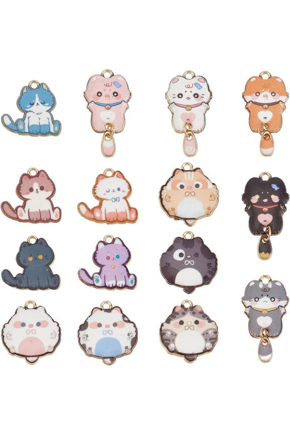 1 Box 30Pcs 15 Styles Cat Enamel Charms Kitty Charms Alloy Bulk Colorful Cute Cats Pet Cartoon Small Animal Holiday Charm