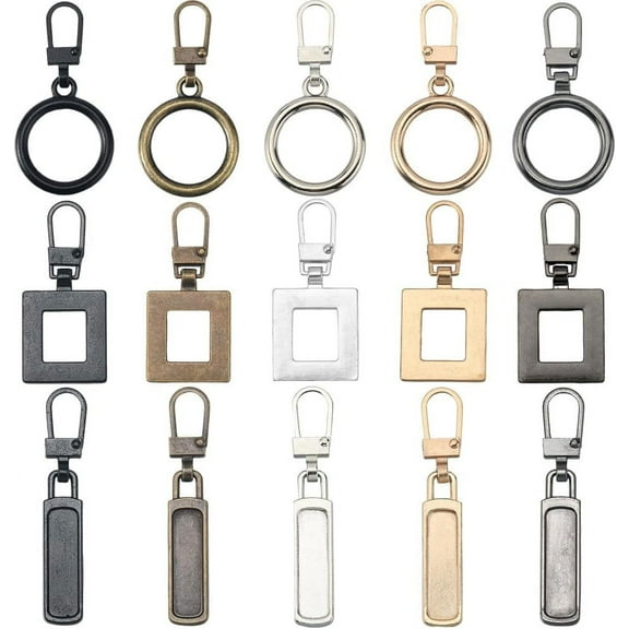 1 Box 30Pcs 15 Styles Metal Zipper Pull Replacement Alloy Bronze Detachable Repair Tab Replacements Cords Silver Gold Zippers Pulls for Bag Suitcase Jacket Clothes Backpacks Purse DIY
