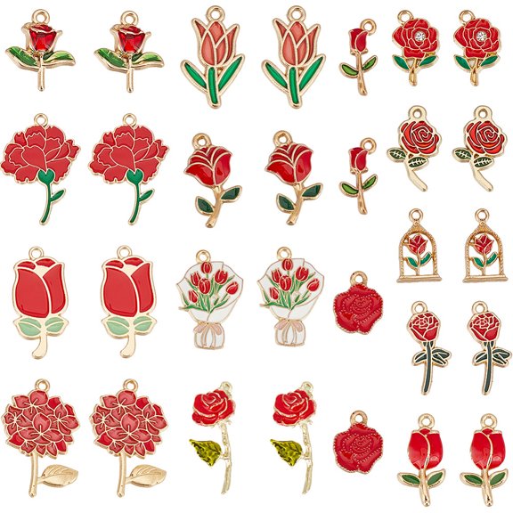 1 Box 30Pcs 15 Styles Red Enamel Charm Rose Charms Bulk Alloy Cute Spring Flower Valentines Charm