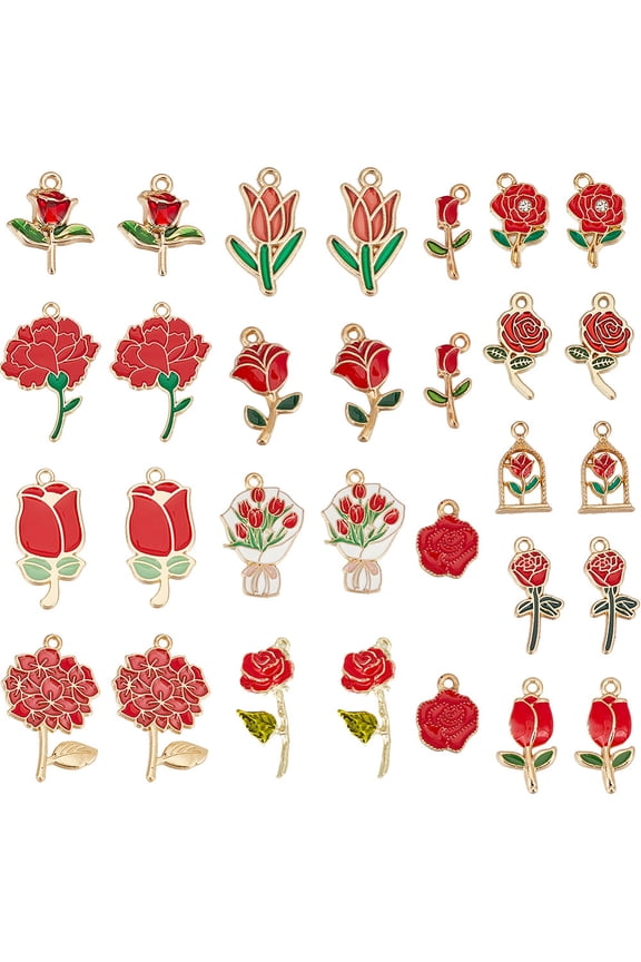 1 Box 30Pcs 15 Styles Red Enamel Charm Rose Charms Bulk Alloy Cute Spring Flower Valentines Charm