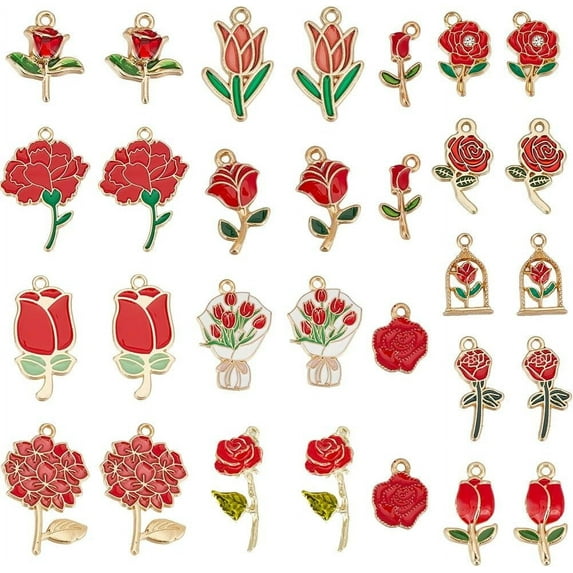 1 Box 30Pcs 15 Styles Red Enamel Charm Rose Charms Bulk Alloy Cute Spring Flower Valentines Charm