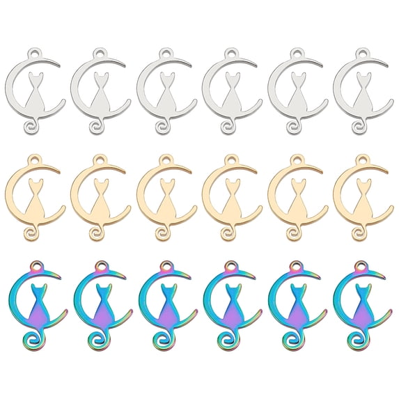 1 Box 30Pcs 3 Colors 304 Stainless Steel Pendants Style Moon with Cat ...