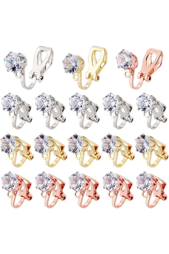 1 Box 30Pcs 3 Colors Cubic Zirconia Clip on Earrings Non Pierced Earring Clips Brass Gold Plated Clear Rhinestone Earring Clips with Loop Findings for Jewelry Making Women Handmade DIY Craft