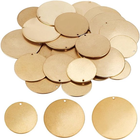 1 Box 30Pcs 3 Style Brass Pendants Stamping Blank Tag Flat Round Charms Mixed Color 25~35x1mm Hole: 1.4~1.5mm 10pcs/style