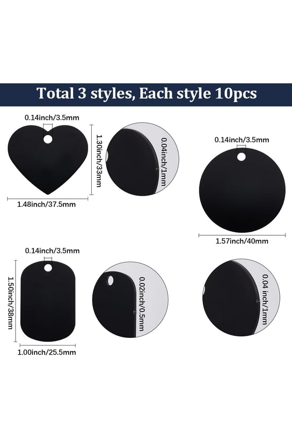 1 Box 30Pcs 3 Styles Black Engraving Blank Aluminum Tag Blanks Metal Round Circle Disc Love Hearts Rectangle Stamping Keychains Dog Tags for Jewelry Making Pendants Bracelets DIY Crafts