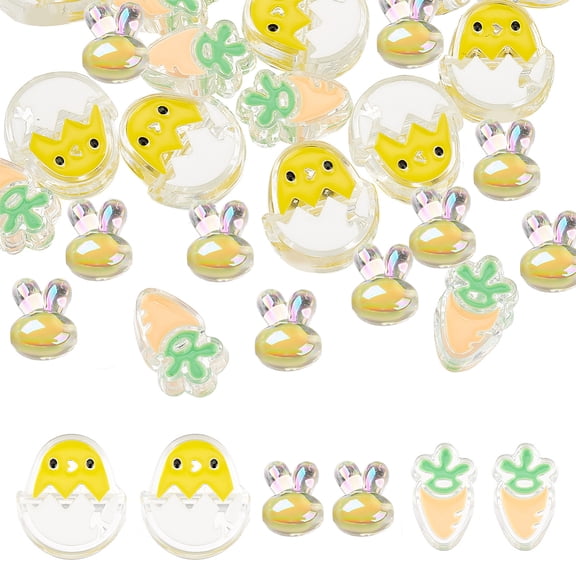 1 Box 30Pcs 3 Styles Easter Beads Bunny Chicken Rabbit Eggs Carrot Vegetable Spring Acrylic Cartoon Spacer Loose Bead Jewelry Making