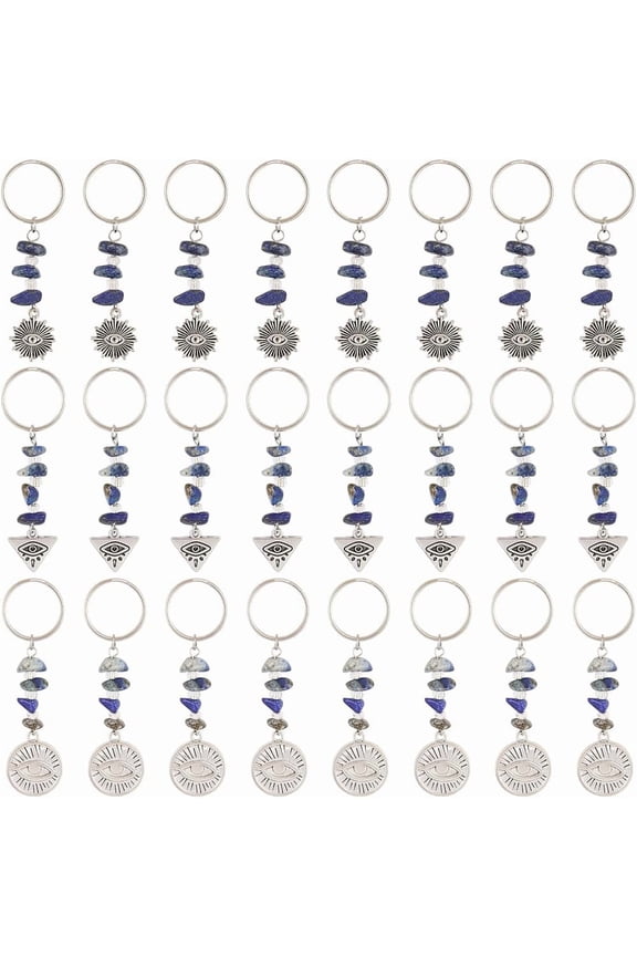 1 Box 30Pcs 3 Styles Keychains Lucky Key Chains Protection Natural Lazuli Stone Tibetan Style Alloy Charm Keychain Keyring