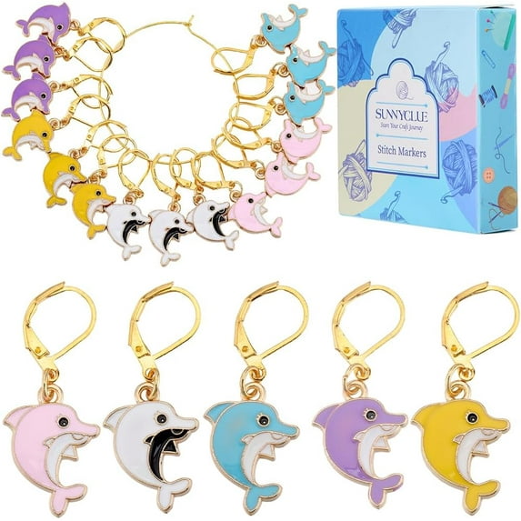 1 Box 30Pcs 5 Colors Cute Knit Stitch Markers Knitting Crochet Markers Enamel Dolphin Planner Charms Removable Leverback Locking Stitch Marker for Crocheting Weaving Sewing Jewelry Making