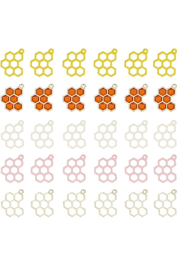 1 Box 30Pcs 5 Colors Honeycomb Charms Bulk Honey Charms Enamel Yellow Pink White Hollow Back Bezel Bee Hive Honeybee Charm