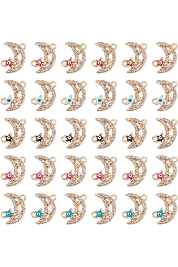 1 Box 30Pcs 5 Colors Moon Connector Charms Rhinestone Link Connector Gold Evil Eyes Moons Stars Lucky Links Charm Bulk