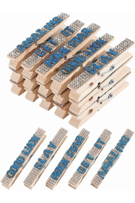 1 Box 30Pcs 5 Styles Rhinestone Cheer Pins Bulk Cheerleading Spirit Pins Blue Alphabet Glitter Clothespins Team Competition Clips Accessories