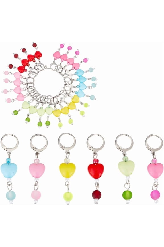 1 Box 30Pcs 6 Colors Heart Crochet Markers Glass Stitch Marker Colorful Love Hearts Shaped Beads Charm Locking Crocheting Leverback Markers for DIY Weaving Quilting Jewelry DIY Crafts Supplies