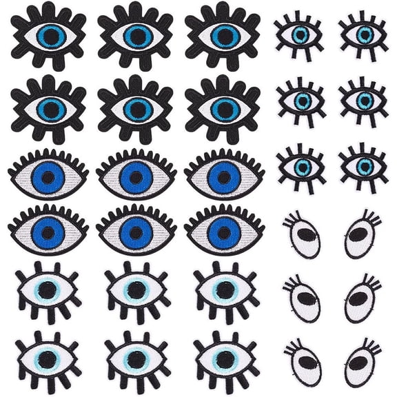 1 Box 30Pcs 6 Style Eye & Eyelash Polyester Embroidery Cloth Iron on/Sew on Patches Costume Accessories Mixed Color 21~49x23.5~49x1~1.5mm