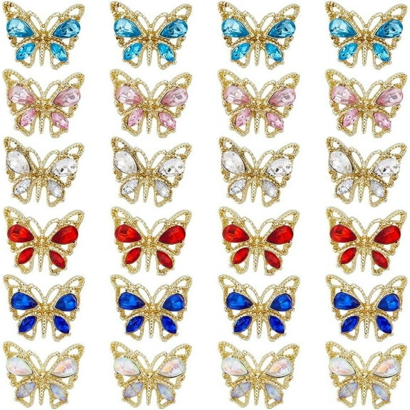 1 Box 30Pcs Butterfly Nail Charms Colorful Rhinestone Butterfly Nail Gems Small Metal Butterflies Nail Art Charm Blue Pink Clear 3D Shiny Nails Rhinestones for Finger Nails Acrylic Nail Light Gold