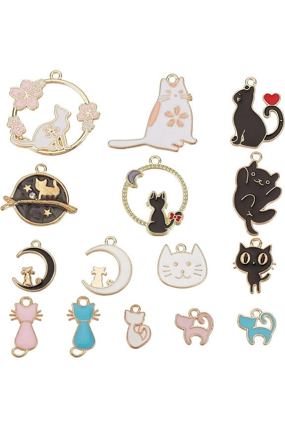 1 Box 30Pcs Cat Charms Enamel Charms Cats Head Dainty Kitty Charm Cute Animals Pets Black Cat Sakura Flowers Crescent Moon Charms for Jewelry Making Charm Earrings Necklace DIY Supplies