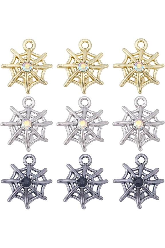 1 Box 30Pcs Charms Bulk Spider Web Charm Rhinestone Glass Beads Golden Silver Alloy Insect Spider Charms
