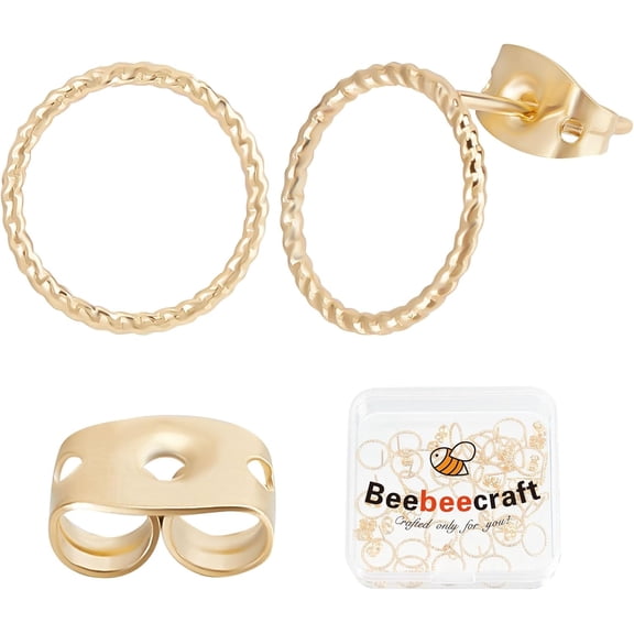 1 Box 30Pcs Circle Earring Studs 18K Gold Plated Twisted Round Post Earrings Simple Minimalist Studs with 30Pcs Butterfly Earring Backs for Women