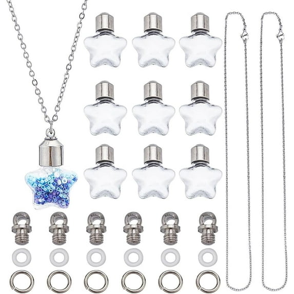 1 Box 30Pcs DIY 10 Sets Vial Necklace Hourglass Vial Pendant with Screw Cap Bottle Empty Star Shaped Hourglass Clear Glass Wish Bottle Charms Stainless Steel Chain for Jewelry Making Kits
