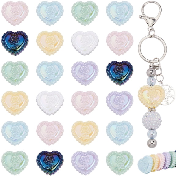 1 Box 30Pcs Heart Shape Bead Acrylic Beads Hearts Colorful Iridescent Flower Pattern Love Loose Spacer Beads DIY