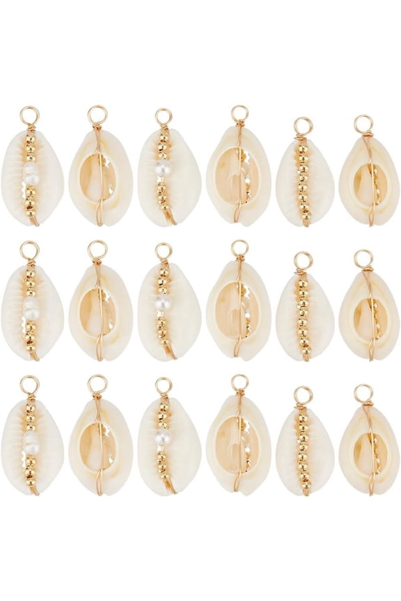 1 Box 30Pcs Natural Shell Charms Bulk Summer Ocean Beach Seashells Charm with Gold Brass Beads Beaded Cowrie Shell Charms for Jewelry Making Earrings Necklaces Bracelets DIY Crafts White