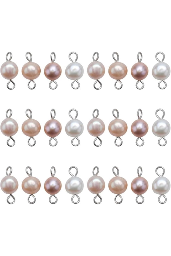 1 Box 30Pcs Pearl Connectors Natural Pearl Connector Beads Round Stainless Steel Linking Connector Charm Double Loop Cultured Baroque Pearl Bead Charms for Jewelry Making Charms DIY Crafts DIY