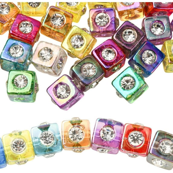 1 Box 30Pcs Rhinestone Square Bead Colorful Cube Beads Bulk Random Mixed Color Acrylic Bling Cubes Shaped Beadable Pens Loose Spacers