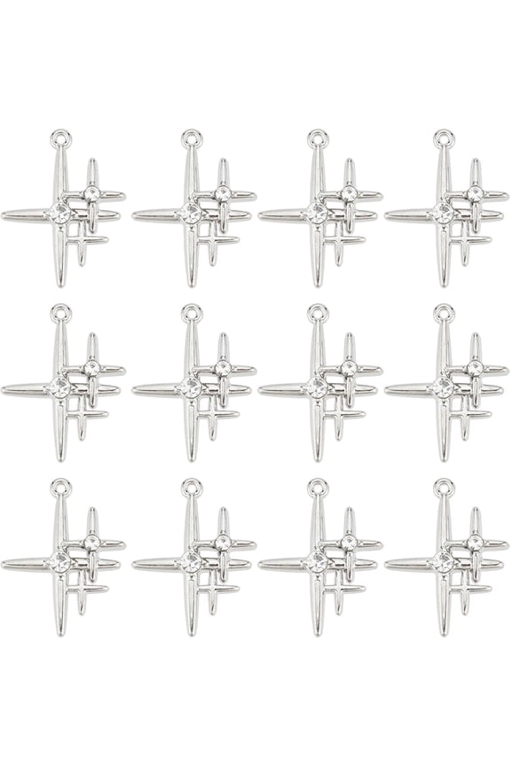 1 Box 30Pcs Silver Star Charms Four Point Star Charm Clear Glass Rhinestones Three Mini Alloy Stars Charm