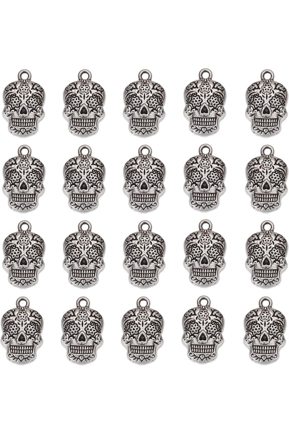 1 Box 30Pcs Skull Charms Skeleton Head Charm Tibetan Style Antique Silver Flower Pattern Gothic Skull Metal Alloy Charms