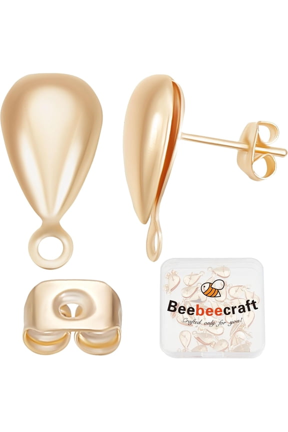 1 Box 30Pcs Teardrop Earring Findings 18K Gold Plated Brass Earring Studs Posts Kit with Loops and Butterfly Earring Backs for Women Dangle Earring Jewellery Making Gold