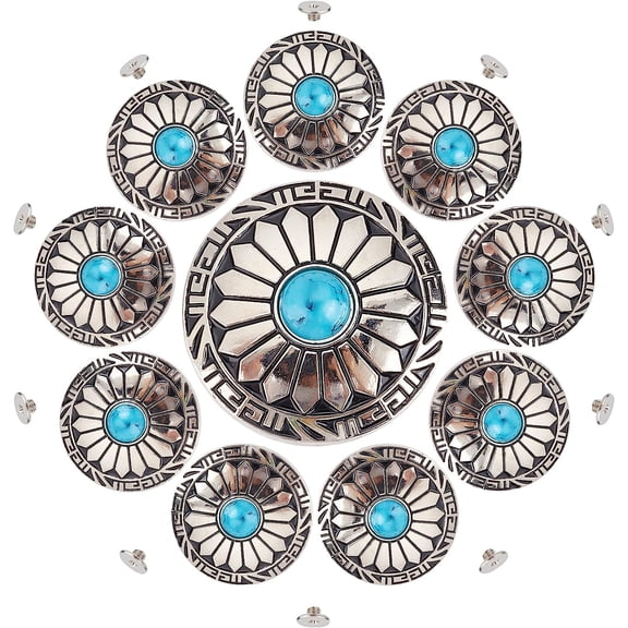1 Box 30mm Screw Back Buttons Sunflower Decorative Buckle Round Vintage Western Style Blue Turquoise Concho Flower Buds Daisy Buttons Replacement Buckle for DIY Leather Craft Fabrics diy Platinum