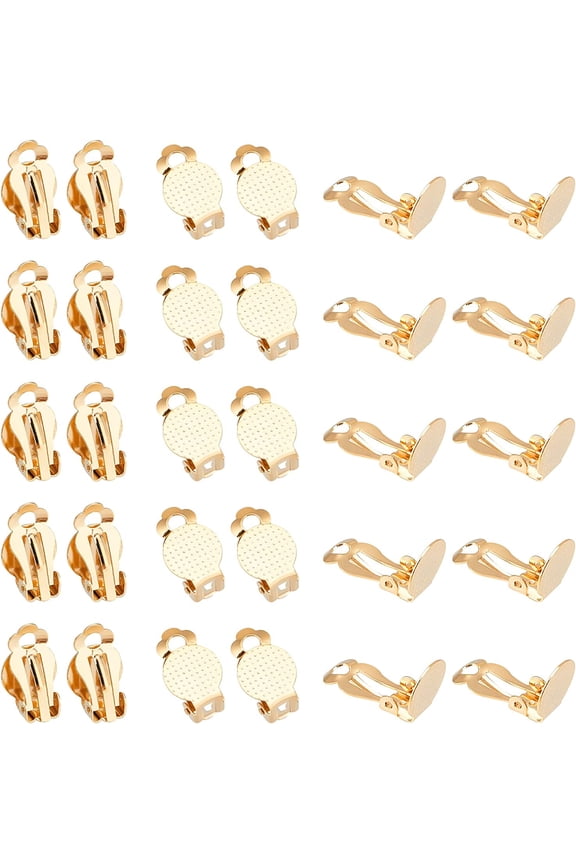 1 Box 30pcs Golden Clip-on Earring Findings with Flat Round Tray 304 Stainless Steel Clip-on Earring Components Non-Pierced Earrings for DIY Jewelry Making