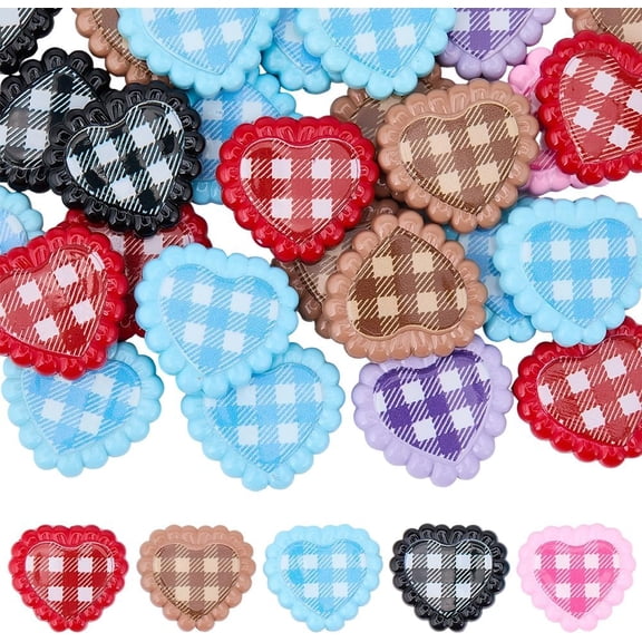 1 Box 30pcs Plaid Beads Acrylic Heart Beads Opaque Plastic Random Color Grid Checkered Heart Shape Printed Pattern Loose Spacers